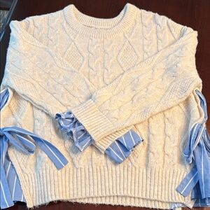 Anthropologie Cream Cable Knit Sweater with Blue Accents